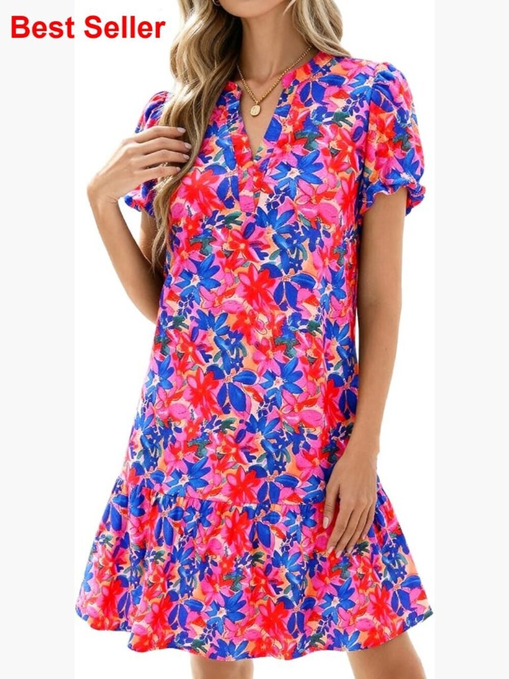 Viscose Polyamide A-Line Babydoll Dress with Puffy Sleeves and Pockets